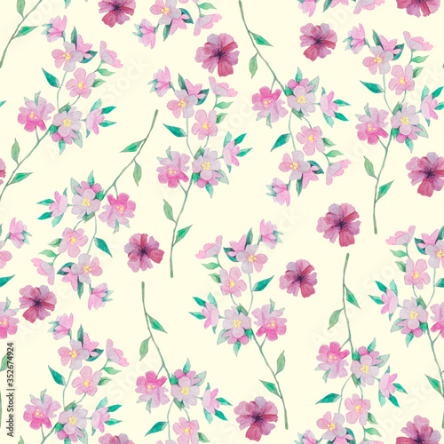 Watercolor seamless pattern with pink flowers on soft yellow. Abstract pattern for fabric, wallpaper and other prints.