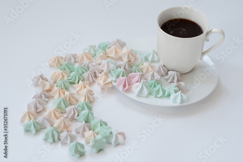Breakfast of colorful marshmallows and coffee