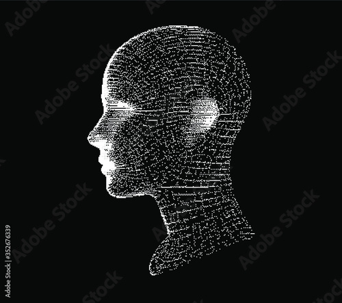 Artificial intelligence and Machine Learning concept. Human head with glitched pixels, distorted profile of a woman made of square particles. photo