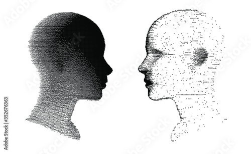 Two similar people looking at each other directly. Doppelganger or twin in the mirror.