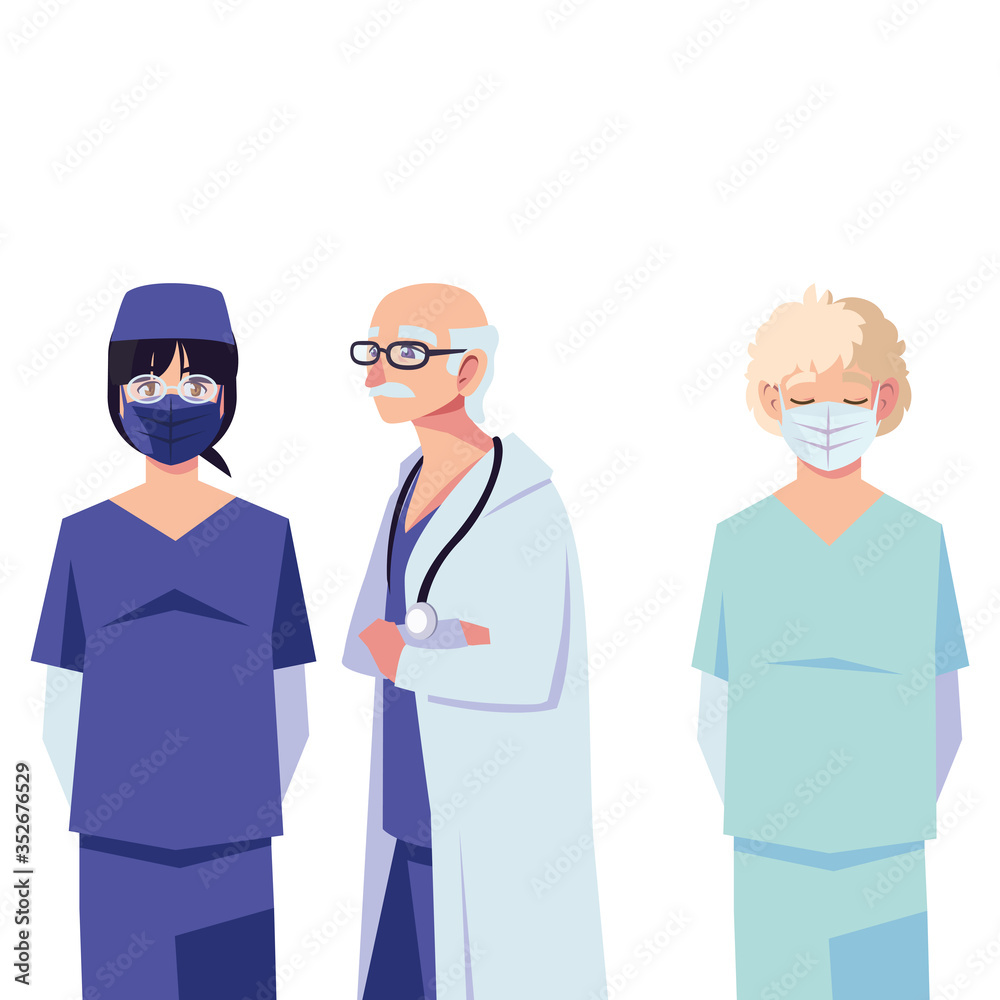 female and male doctors with uniforms and masks vector design female and male doctors with uniforms and masks vector design