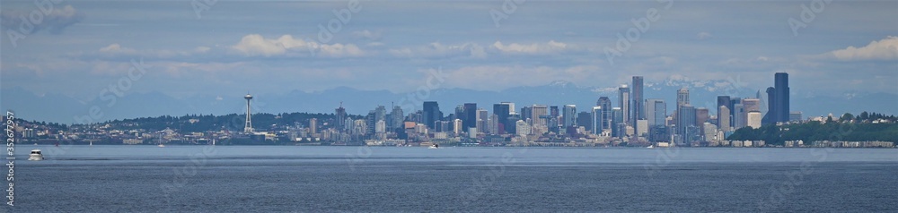 panoramic view of Seattle from Puget Sound, water