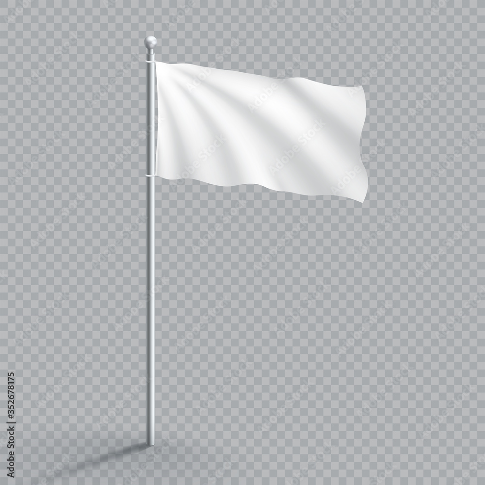 Plain White Realistic Waving 3d Flag Template On Flagpole - obrazy, fototapety, plakaty 