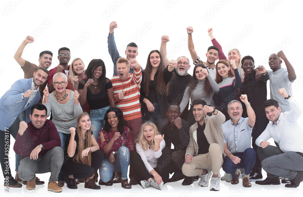 Obraz premium Cheerful diversity group of people with hands raised