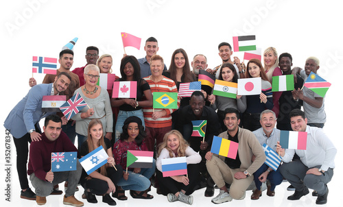 Large group of people with flags isolated over white background