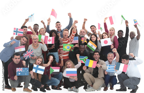 multinational group of people with their national flags.