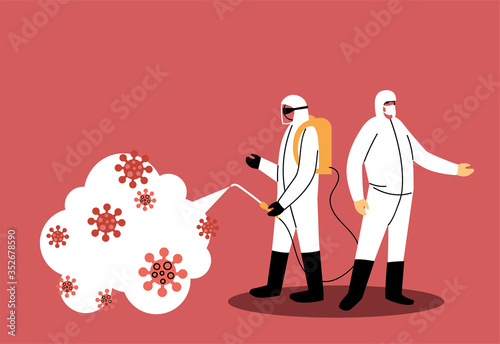 Man in suit and disinfecting equipment to spread covid-19