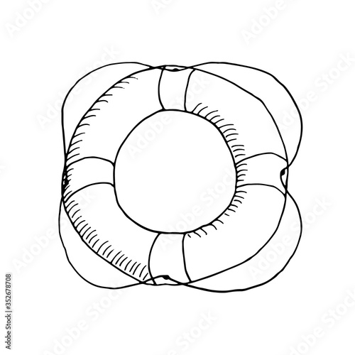 Lifeline circle with rope isolated on white background. Life preserver with stripes for saving life in the sea ocean or for people who can't swim. Vector hand drawn illustration in sketch doodle style