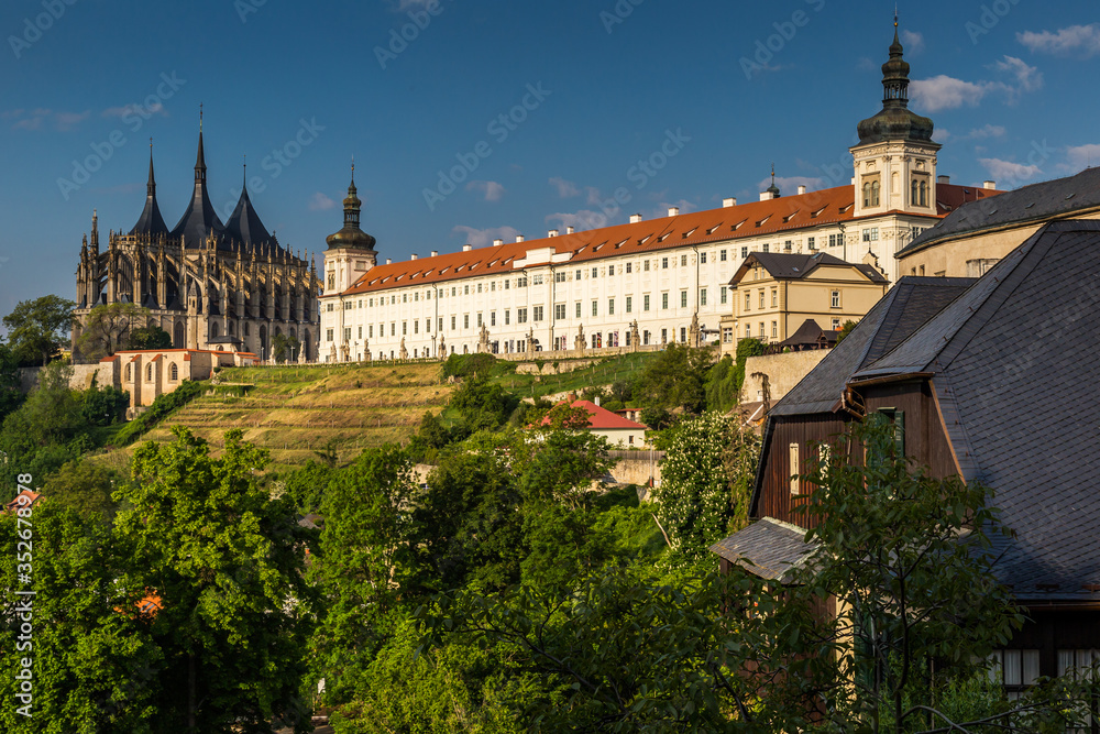 Panorama city of Kutna Hora. The Cathedral of St Barbara and Jesuit College in Kutna Hora, Czech Republic, Europe. UNESCO World Heritage Site