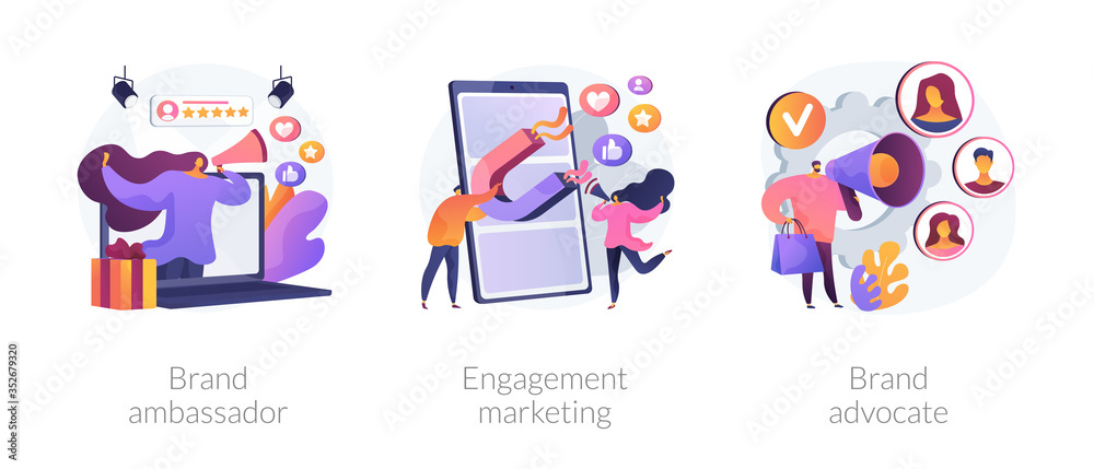 Internet marketing abstract concept vector illustration set. Brand advocate and ambassador, engagement marketing, brand representative, trademark, smm marketing strategy, awareness abstract metaphor. Internet marketing abstract concept vector illustration set. Brand advocate and ambassador, engagement marketing, brand representative, trademark, smm marketing strategy, awareness abstract metaphor.
