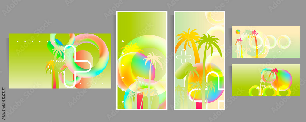 Abstract set summer background universal art web header template. Collage made with vibrant palm colors and graphic elements