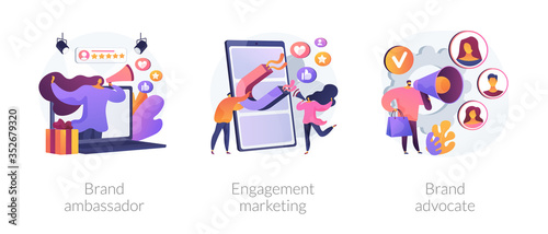 Internet marketing abstract concept vector illustration set. Brand advocate and ambassador, engagement marketing, brand representative, trademark, smm marketing strategy, awareness abstract metaphor. photo