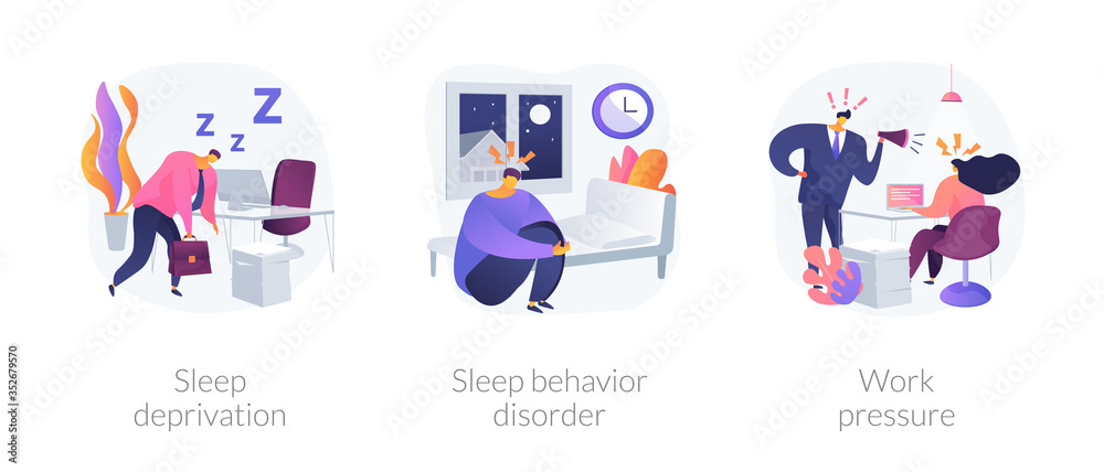 Fototapeta premium Stress management abstract concept vector illustration set. Sleep deprivation and behavior disorder, work pressure, insomnia, clinical diagnostic, mental health, chronic anxiety abstract metaphor.