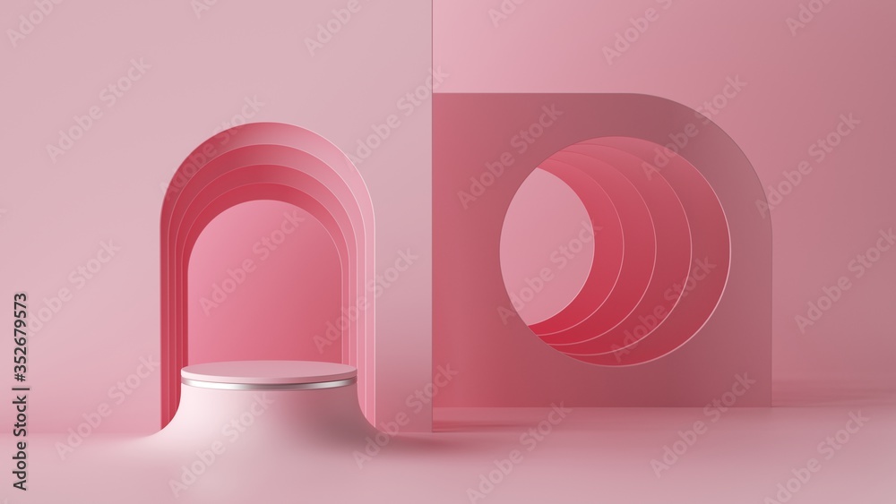 Obraz premium 3d render, abstract minimal architectural background, arch niche, room. Empty cylinder podium, vacant pedestal, round stage, showcase stand, blank product display platform. Mockup with copy space