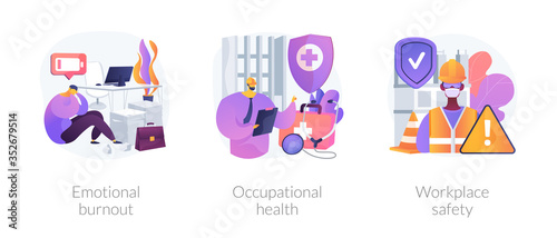 Employee health abstract concept vector illustration set. Emotional burnout, occupational health, workplace safety, overload, injury prevention, labor condition, working environment abstract metaphor.