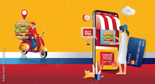 Online Shopping Concept, on Website or Mobile phone Application, Digital marketing. stay at home and using smartphones, food delivery. hamburger, Vector for Design illustration 24-hours shopping