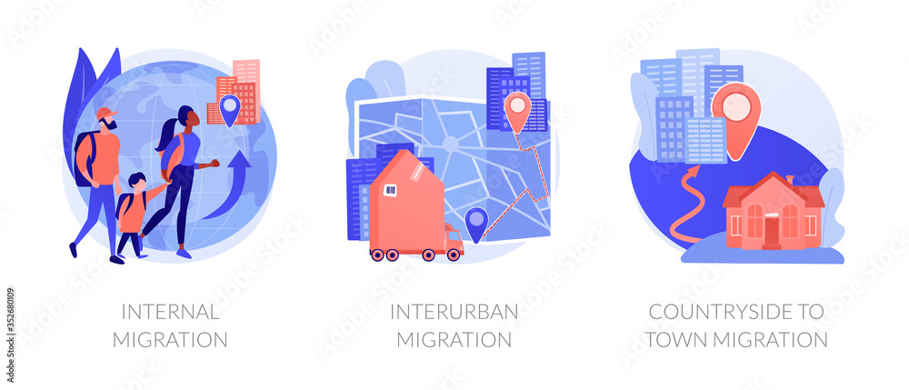 International and interurban human migration metaphors. Changing living location, legal immigration, countryside to town migration. Settling place abstract concept vector illustration set.