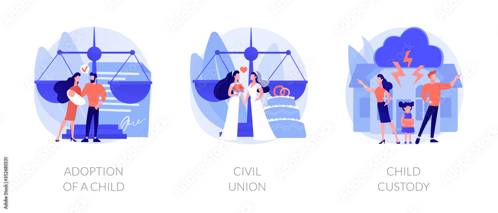 Fototapeta premium Family law metaphors. Adoption, civil union, child custody. Domestic partnership, kids rights, foster parents. Homosexual marriage. People rights abstract concept vector illustration set.