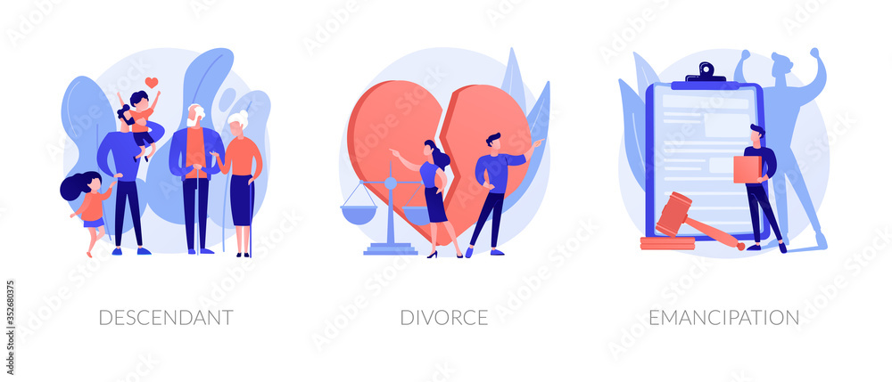 Society issues metaphors. Descendant, divorce, emancipation. Marriage annulment, social rights, gender equality. Wife and husband break up abstract concept vector illustration set.