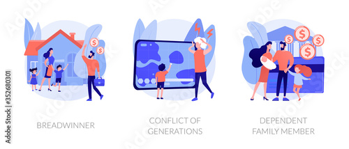 Traditional gender and social roles metaphors. Breadwinner, conflict of generations, dependent family member. Male and female stereotypes in society abstract concept vector illustration set.