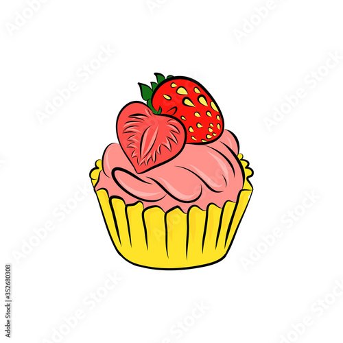 cupcake with strawberry, hand draw, vector illustration