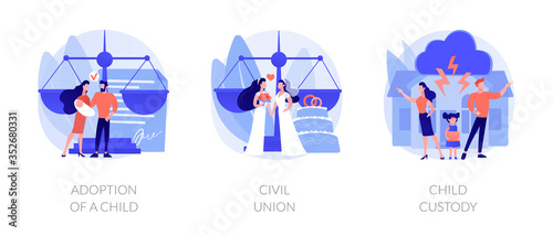 Family law metaphors. Adoption, civil union, child custody. Domestic partnership, kids rights, foster parents. Homosexual marriage. People rights abstract concept vector illustration set.