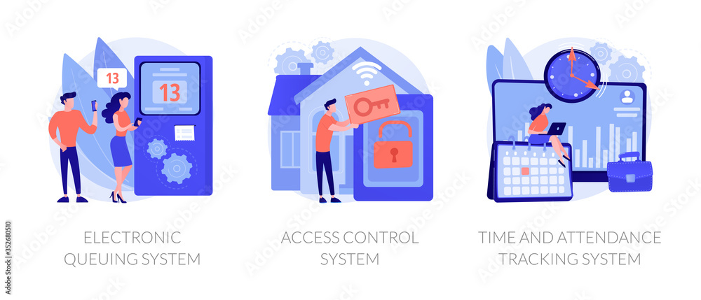 Smart home security, employee attendance monitoring. Electronic queuing system, access control system, time and attendance tracking system metaphors. Vector isolated concept metaphor illustrations.