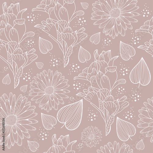 Botanical seamless repeat vector pattern with different wild flowers and leaves. Light and gentle colors, minimalist elegant, vintage style background. For textile, wrapper, cover, wallpaper etc.