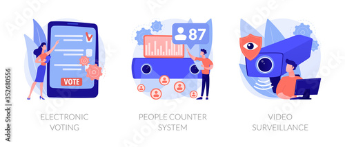 IP and CCTV cameras. Security technology, monitoring system. Electronic voting, people counter system, video surveillance metaphors. Vector isolated concept metaphor illustrations.
