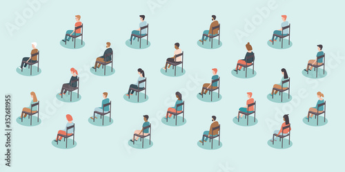 Social distancing on public events after coronavirus COVID-19 disease pandemic oubreak. Large gathering. People sitting with distance from each other. Concept Flat vector illustration