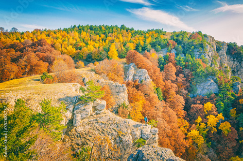 rocky mountains with bright colorful trees in autumn season,