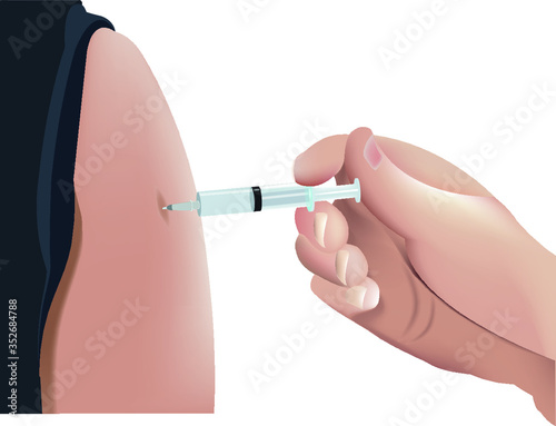 Doctor injects a vaccine into a patient's arm. White background.