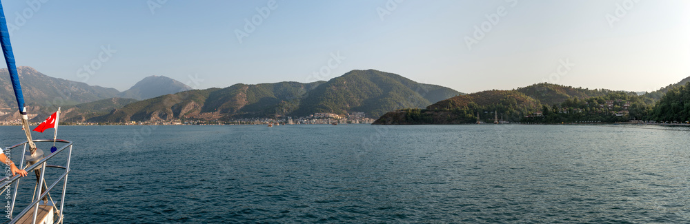 Panoramic view of Fethiye bay in summer sunlight, Turkey.