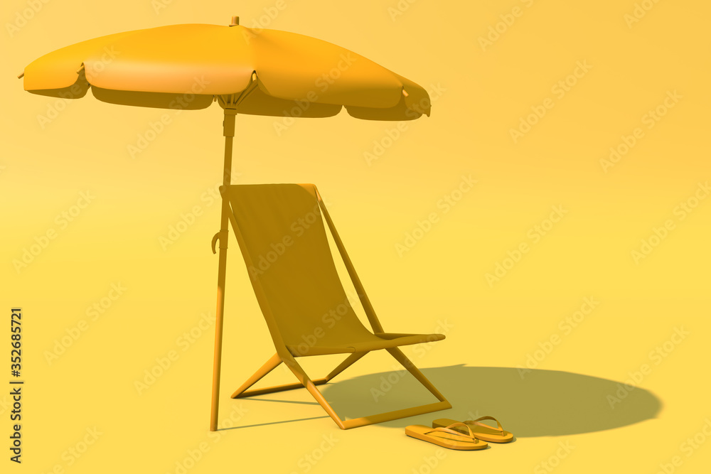 3D rendering of summer concept. Yellow chaise lounge and umbrella on yellow background, Sunlight, travel. No vacation this summer. Border closure, travel restrictions. Copy space. 3D rendering of summer concept. Yellow chaise lounge and umbrella on yellow background, Sunlight, travel. No vacation this summer. Border closure, travel restrictions. Copy space.