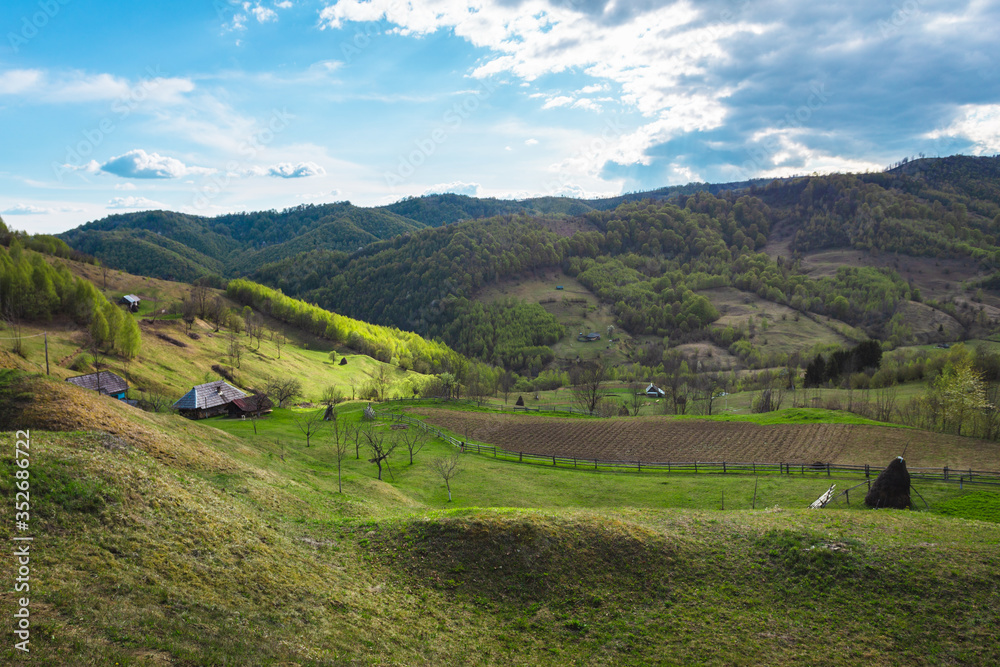 Simple rural landscape on the hills in Romania