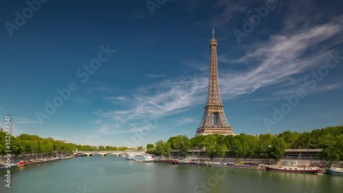 sunny summer day paris city famous riverside bay tower view walking bridge timelapse panorama 4k france  photo