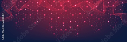 Technology abstract lines and dots connect background with hexagons. Hexagon grid. Hexagons connection digital data and big data concept. Hex digital data visualization. Vector illustration.