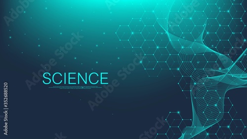 Molecular structure background. Science template wallpaper or banner with a DNA molecules. Asbtract molecule background with hexagons, wave flow. Vector illustration.