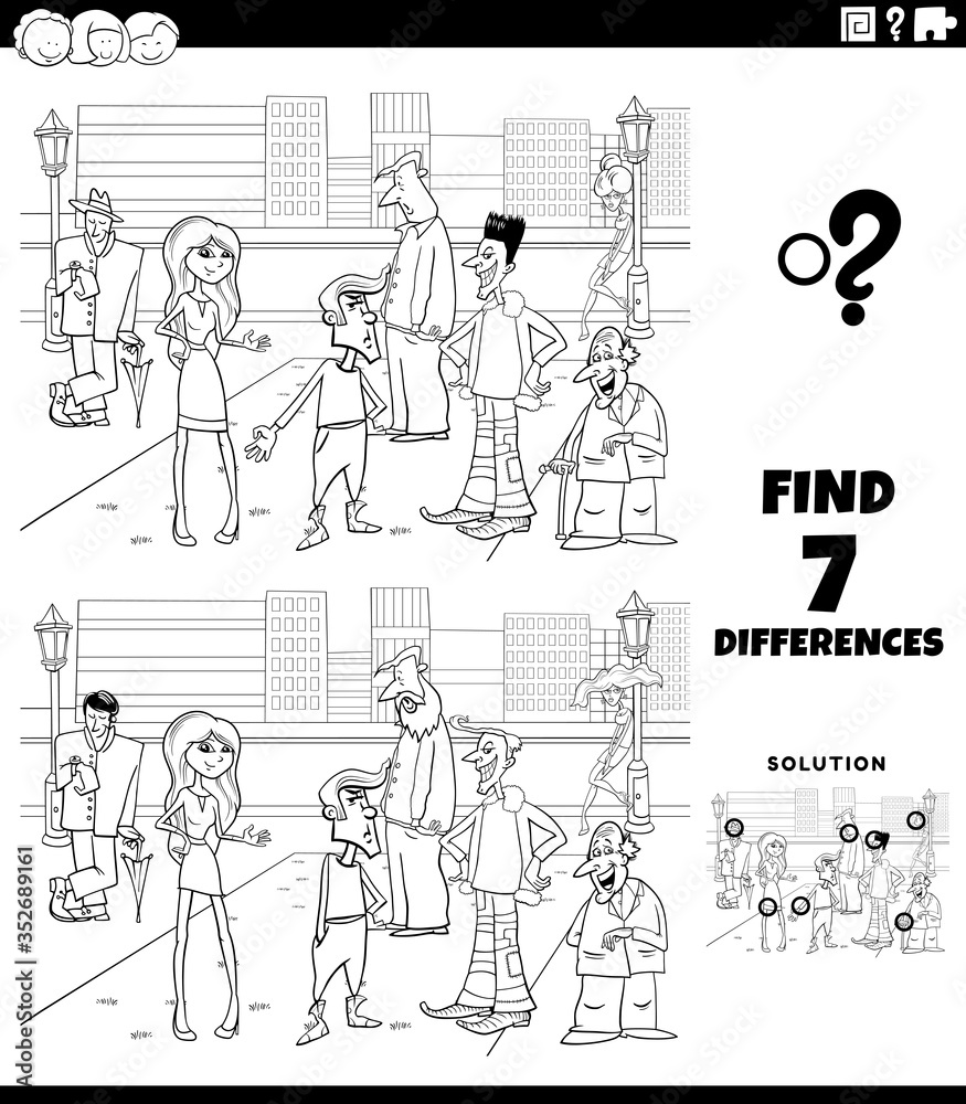 differences game with cartoon people coloring book page