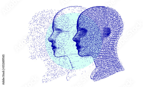 Artificial intelligence and Machine Learning concept. Human head with glitched pixels, distorted profile of a woman made of square particles.