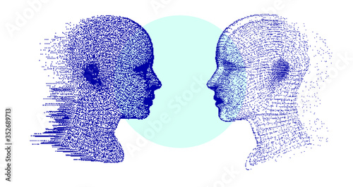 Two similar people looking at each other directly. Doppelganger or twin in the mirror.