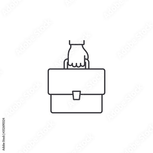Hand with briefcase line icon, vector isolated outline symbol