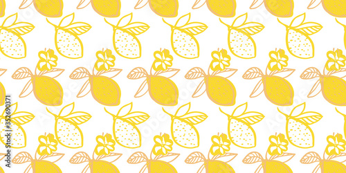 Vector graphic lemon citrus pattern. Geometric modern summer repeating design. Hand drawn bright citrus fruit pattern with leaf and blossom on white background. Classy simple summer backdrop.
