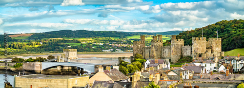 Canvas Print Panorama of Conwy with Conwy Castle in Wales, United Kingdom