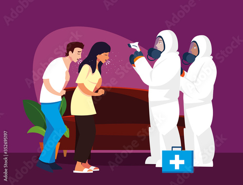 Doctors checking woman and man temperature at home vector design