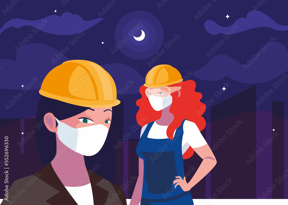 Architect and builder woman with mask and helmet at night vector design Architect and builder woman with mask and helmet at night vector design