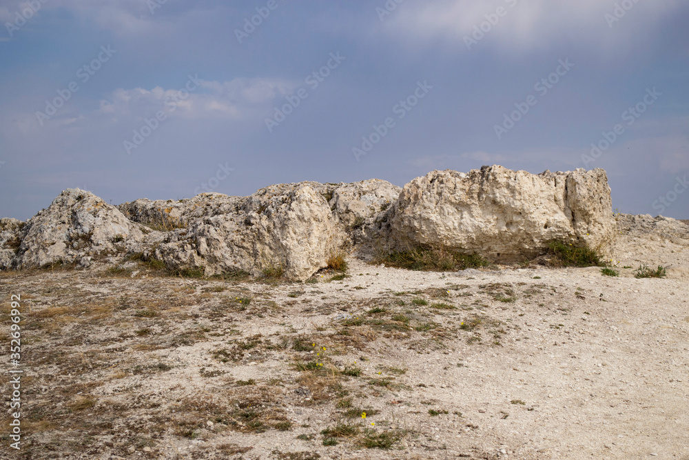 Large limestone stones in the area of White rock in the Crimea on a Sunny summer day. 