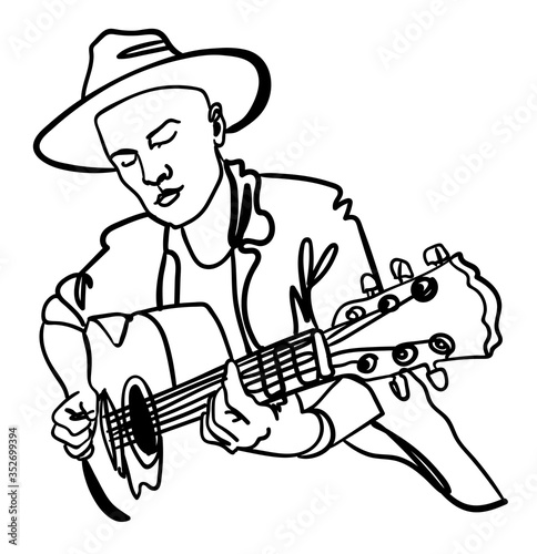 
Musician with an acoustic guitar. The guy is playing the guitar. One line drawing.