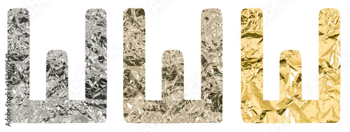 Isolated Font Russian Letter made of crumpled titanium, silver, gold foil on white background