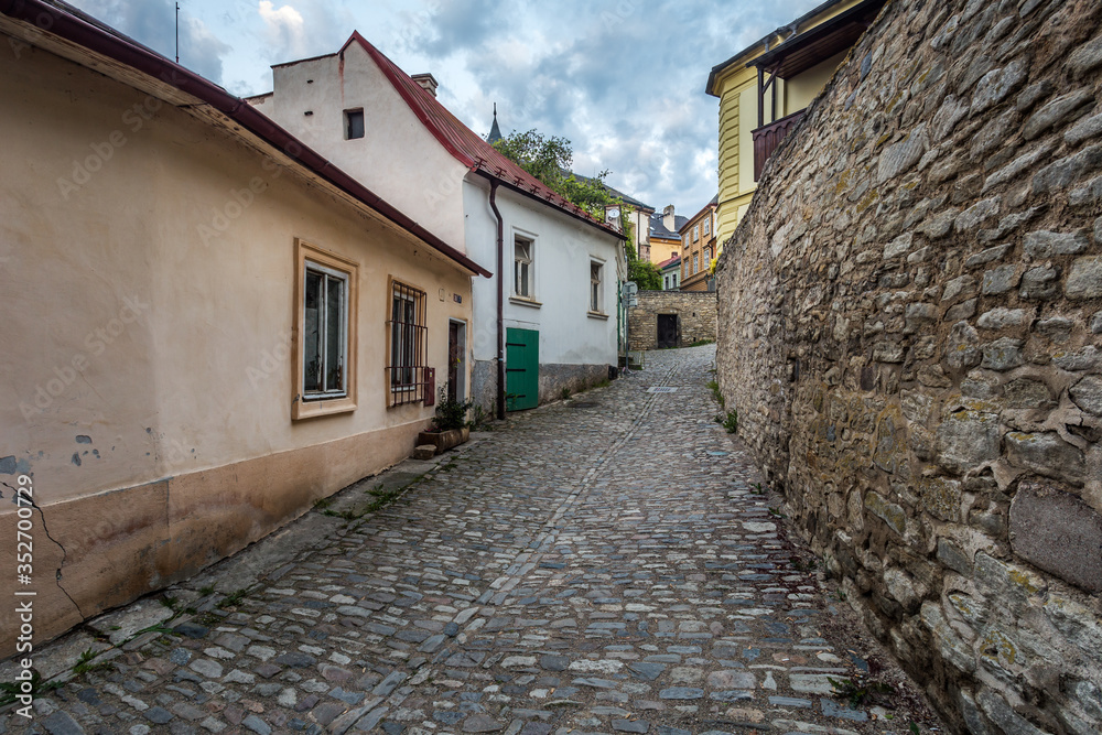 Dawn in historic center. Historic houses and streets in the center of Kutna Hora in the Czech Republic, Europe. UNESCO World Heritage Site.